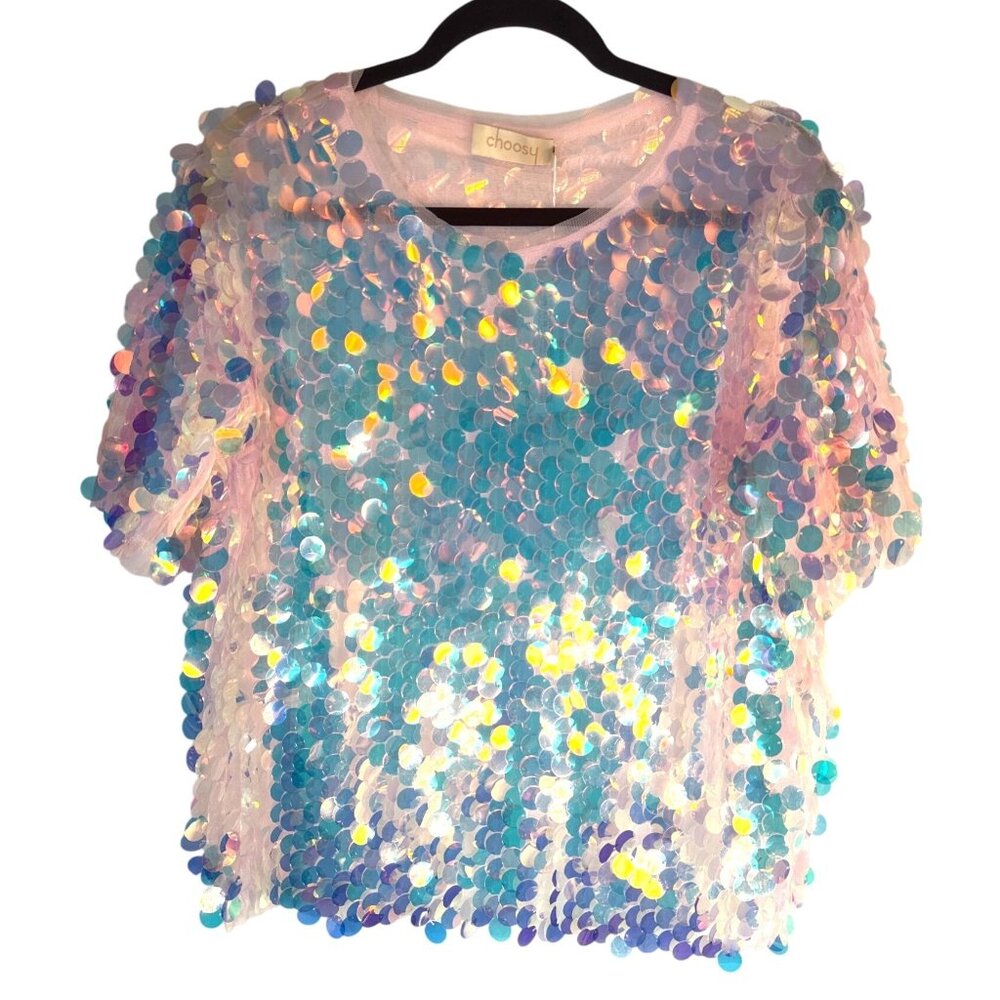 NWT Choosy Small holographic Sequin Embellished Pink Short Sleeve Oversized Top